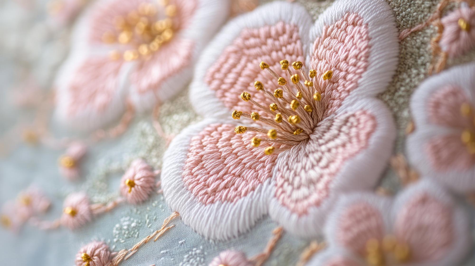 Macro of satin stitch floral