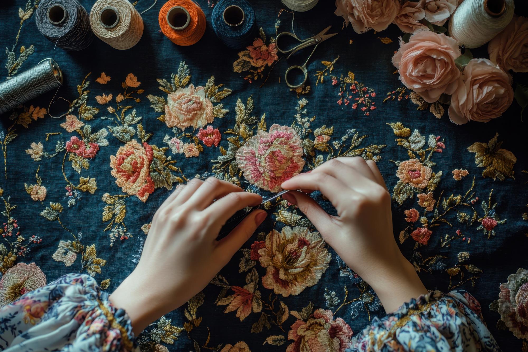 Close-up of artisan hand embroidering floral motif on linen